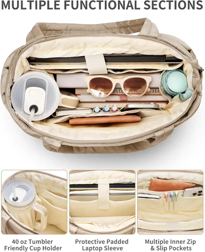 Vista 4 de Bolsa Tote Acolchada para Mujeres, Bolsa de Mano de Trabajo Ligera y Esponjosa para Maestras y Enfermeras, Bolsa de Hombro Acolchada para Escuela