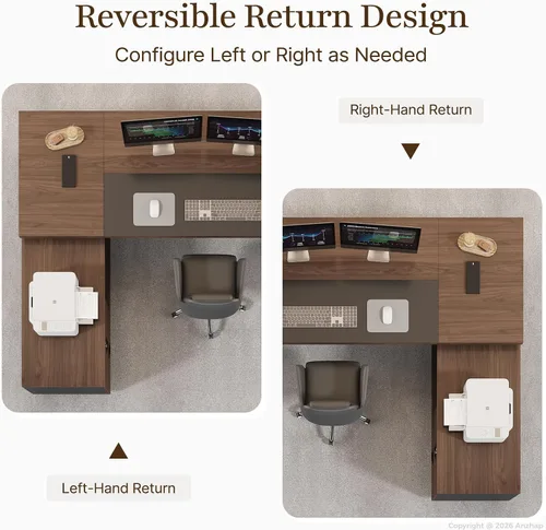 Vista 4 de Escritorio ejecutivo reversible en forma de L de 95 pulgadas con cajones, escritorio de lujo para computadora de oficina con estantes abiertos Nuez