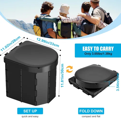 Vista 5 de Inodoro portátil para acampar, inodoro plegable para adultos con tapa y soporte retráctil para papel higiénico, inodoro portátil impermeable
