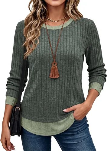 Vista 15 de WIHOLL Camisas de manga larga para mujer, trajes de otoño, suéteres ligeros Negro - blanco