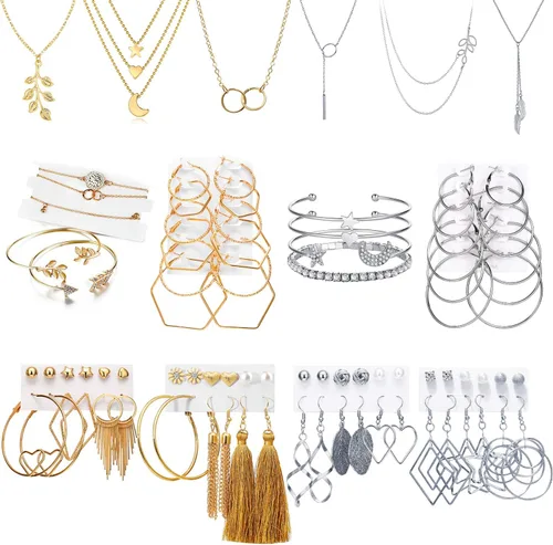 Vista 8 de AROIC 38-52PCS Jewelry Set with Necklace Bracelet Layered Ball Dangle Hoop Stud Earrings for Women Jewelry Fashion and Valentine Birthday Party Gift