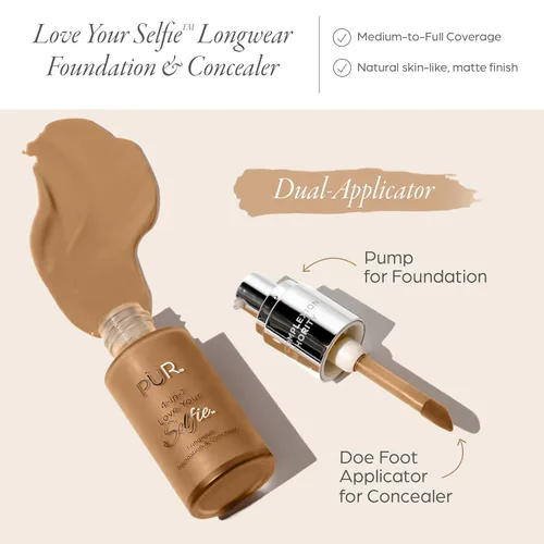 Vista 2 de PÜR MINERALS 4-in-1 Love Your Selfie Foundation & Concealer - Longwear Medium-to-Full Coverage Liquid Makeup Foundation with Hydrating Blend for