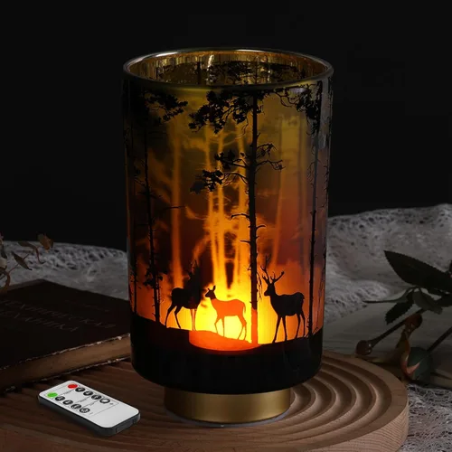 Vista 13 de Eywamage Pequeña lámpara de mesa con pilas con control remoto, lámpara de cristal inalámbrica de ciervo del bosque para dormitorio, sala de estar