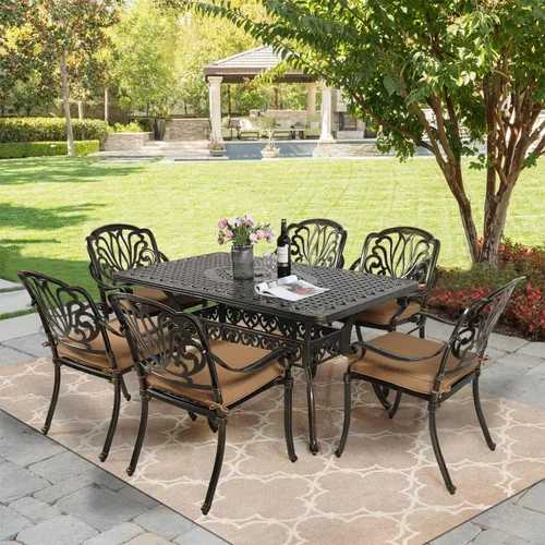 Vista 7 de MEETWARM Juego de comedor de 7 piezas para patio al aire libre, 6 sillas acolchadas de comedor al aire libre y 1 mesa rectangular con agujero