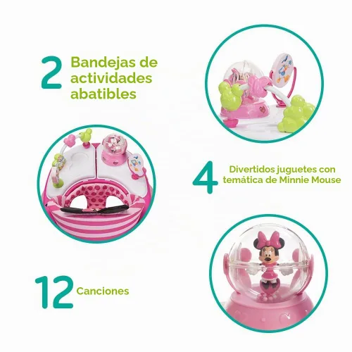 Vista 4 de Andadores y centro de actividades para bebés Minnie Mouse de Disney Baby, andador rosa con música y luces de purpurina