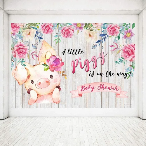 Vista 6 de Sweet A Little Piggy is On The Way Princess Girl Farm Baby Shower - Pancarta de fondo de fotos de primavera rosa floral de madera para fotografía