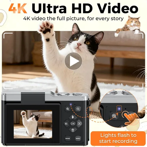 Vista 4 de MaxMango Cámara digital, cámara de vlogging de 64 MP y 2.4 pulgadas para principiantes, pantalla abatible de 180°, apunta y dispara, cámaras