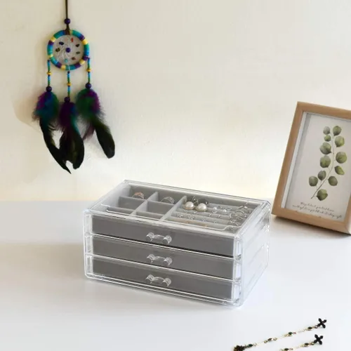 Vista 2 de HerFav Joyero de acrílico para mujer con 3 cajones para anillos, aretes y collares, estuche compacto para joyería, gris transparente