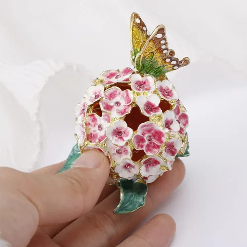 Vista 6 de Caja de joyería de flores de hortensias pintada a mano, joyero esmaltado con bisagras, organizador único de joyas de mini anillos, almacenamiento