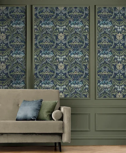 Vista 2 de NextWall Acanthus Papel pintado floral de pelar y pegar (denim y salvia)