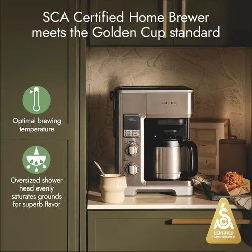 Vista 2 de Lotus Cafetera con escala molida, cafetera programable de 10 tazas, The Top Drip, 1500 vatios, acero inoxidable, serie profesional, LTSCM500