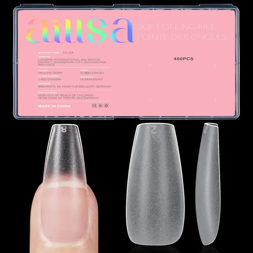 Vista 11 de AILLSA - Puntas de uñas de ataúd extra cortas de cobertura completa, puntas de uñas transparentes de gel acrílico 450 puntas de uñas postizas