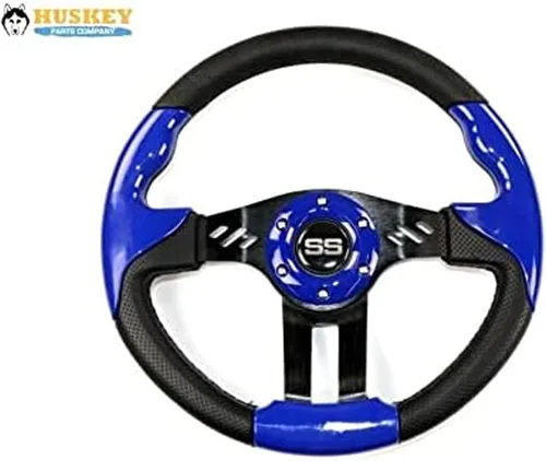 Vista 2 de Huskey E-Z-GO - Volante azul con radios cepillados, agarre de textura de fibra de carbono con adaptador de cubo negro mate para Medalist TXT RXV