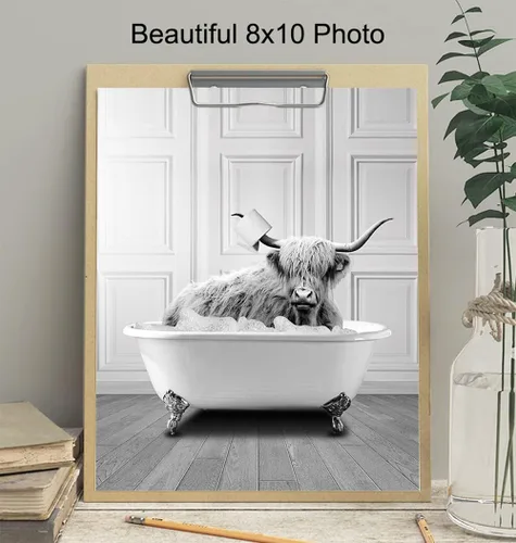 Vista 4 de Arte y decoración de pared de baño, decoración de baño de vaca de las tierras altas, fotos de baño de granja, bonitos accesorios de baño, letrero