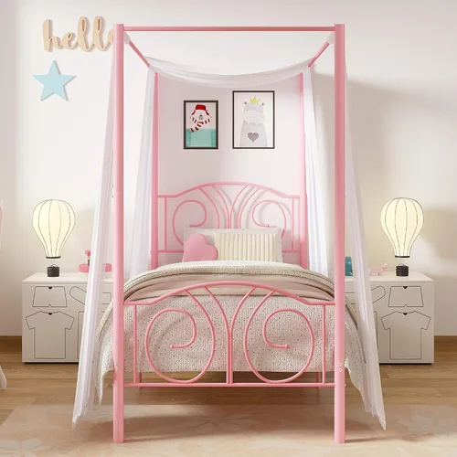 Vista 15 de VECELO - Marco de cama con dosel doble, cabecera vintage con voluta, color negro mate Twin canopy bed frame, Scrollwork metal headboard, Sturdy