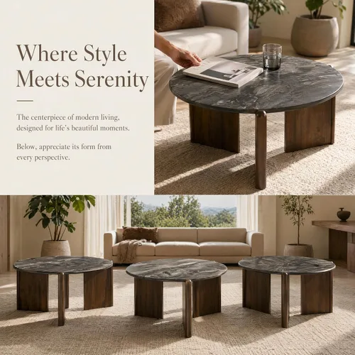 Vista 5 de Mesa de centro redonda de mármol negro con tres patas de madera de nogal, mesa central moderna para sala de estar, decoración del hogar, oficina