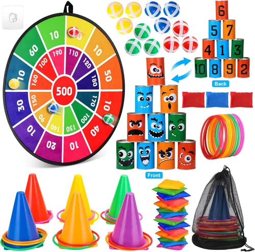 Vista 7 de Hungdao Juego de 3 juegos de carnaval, tablero de dardos con bolas de plástico, conos de plástico, bolsas de frijol, juego de lanzamiento