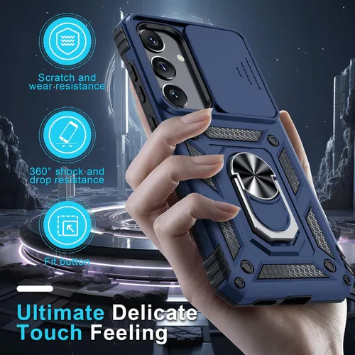 Vista 7 de Janmitta Compatible con Samsung Galaxy S24 FE Funda con Cubierta Deslizante Integrada para Lente de Cámara + Protector de Pantalla + Soporte de Azul