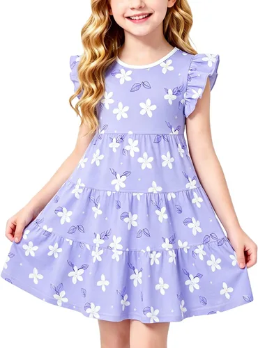 Vista 23 de Vestido casual para niñas, de algodón suave, manga corta, transpirable, acampanado, para adolescentes, talla 2T, 3T, 4T, 5, 6, 7, 8, 9, 10, 12, 13
