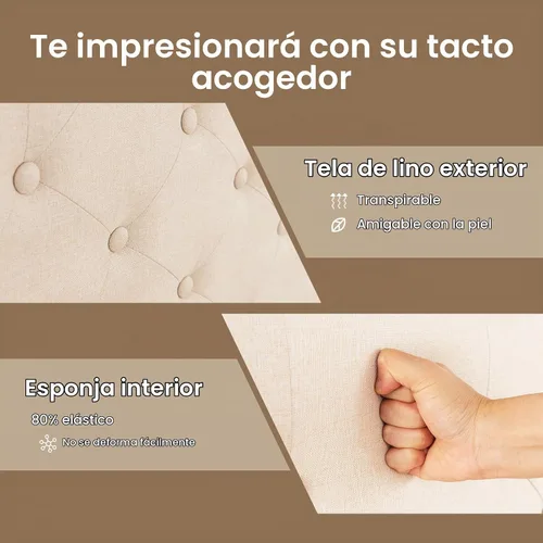 Vista 6 de Giantex Base de cama tamaño Queen color beige, plataforma tapizada de tela de lino con cabecera de clavos, base de colchón con botones y listones