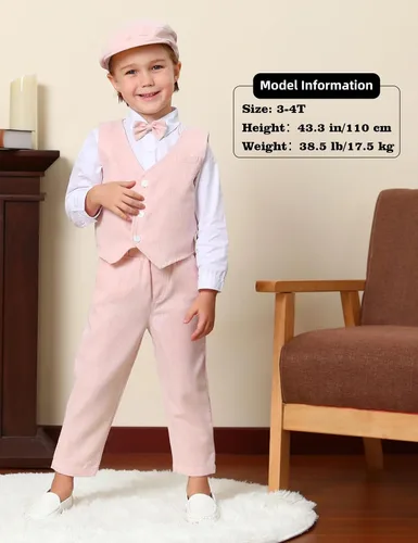 Vista 2 de A&J DESIGN Traje para bebé y niño pequeño, de 12 meses a 5 años, camisa y pantalones, chaleco, pajarita y gorra de conductor de 5 piezas