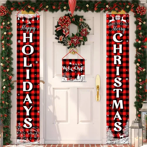 Vista 4 de Cartel navideño de 3 piezas de Navidad para porche, pancarta de Feliz Navidad, pancarta de bienvenida para puerta delantera, letrero colgante