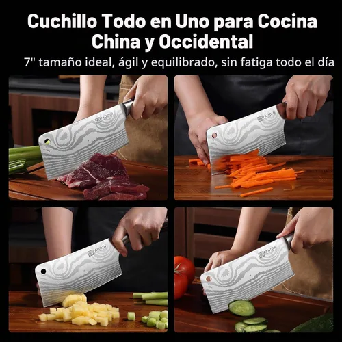 Vista 5 de Cuchillo PAUDIN, cuchillo de carnicero ultra afilado de 7 pulgadas, cuchillo de carnicero de acero inoxidable de alto carbono con mango de madera