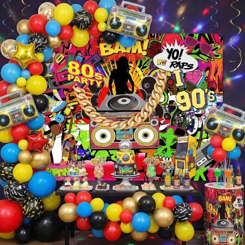 Vista 2 de Avezano Telón de fondo de los años 80 y 90 de 7 x 5 pies, decoraciones de fiesta de hip hop para sesión de fotos, telón de fondo de hip hop