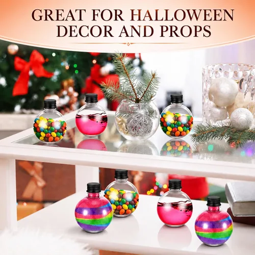 Vista 5 de FoldTier 48 Pcs Plastic Potion Bottles with Caps,Black,Aluminum Cap 3.4 oz, Round Sand Art Bottles, Spherical Clear Plastic Containers, Cocktail