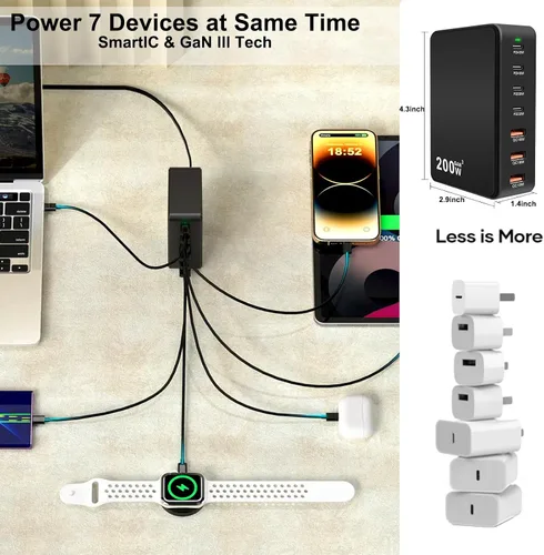 Vista 7 de Bloque de carga USB C de 200 W, 7 puertos GaN, estación de bloque de carga rápida, multipuerto PD QC3.0 Hub de ladrillo compatible con laptop