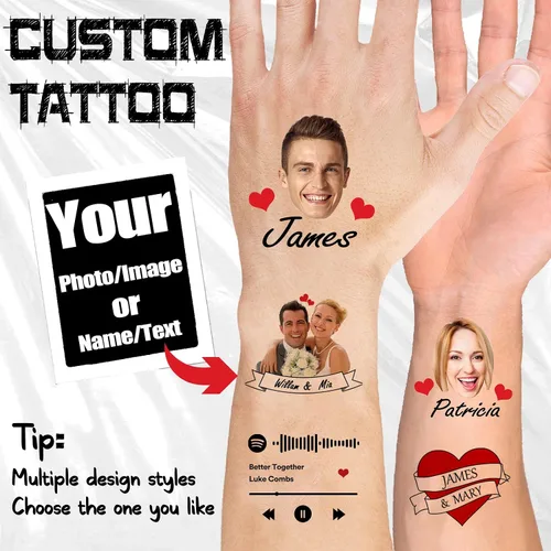 Vista 2 de Tatuajes temporales personalizados, tatuajes faciales personalizados para cumpleaños, boda, despedida de soltera, 1 juego de 15 tatuajes