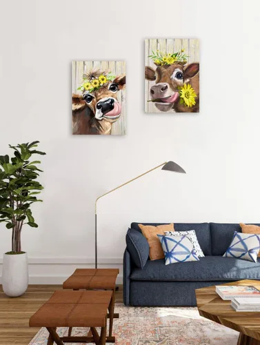 Vista 4 de Lienzo decorativo para pared, 2 piezas de vaca campestre con flores, girasol, lienzo, cuadros, rústico, lindo y humorístico, estampado de vaca