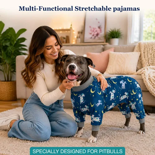 Vista 4 de Tooth & Honey Pit Bull - Pijama para perro con estampado de vaca, luna y estrella, con cobertura completa, pijama ligera para perros grandes