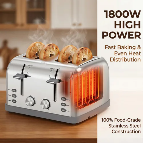 Vista 3 de Tostador retro de 4 rebanadas de acero inoxidable, el mejor tostador Prime de 4 rebanadas con ranura ancha y 7 configuraciones de tostado, perfecto