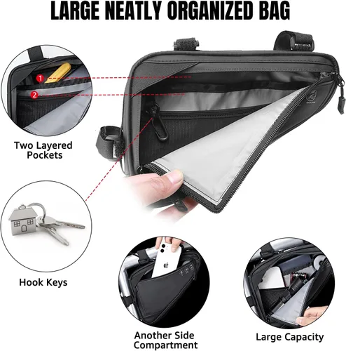 Vista 3 de Bolsa de almacenamiento para cuadro de bicicleta WOTOW, bolsa triangular reflectante resistente al agua con dos bolsillos laterales, bolsa