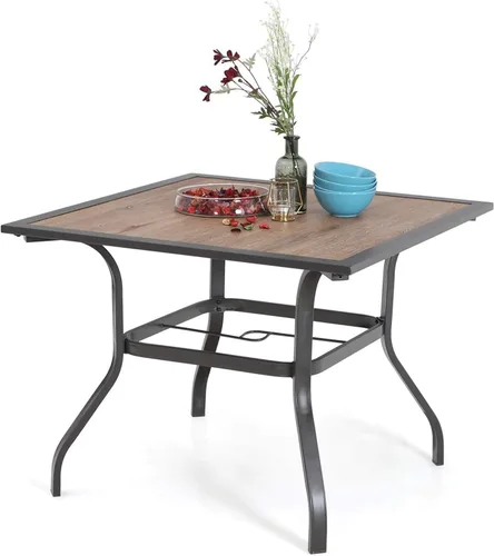 Vista 7 de MFSTUDIO Mesa de bistró cuadrada de 37" para el patio, mesa de comedor, muebles de exterior, mesa de jardín, imitación de superficie de madera