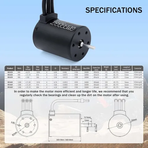 Vista 7 de Surpass Hobby RC Motor sin escobillas ESC Combo Impermeable M3650 4500KV Motor sin escobillas y set combinado 60A ESC para camionetas de control