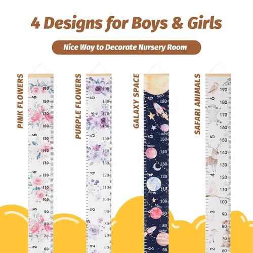 Vista 7 de Tabla de crecimiento de lona para niños para pared, rastreador de medición de altura floral para bebé niña, regla colgante con gancho extraíble