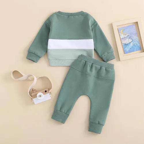 Vista 3 de BeQeuewll Ropa para bebé niño de otoño e invierno, 2 piezas, bloque de color, sudadera y pantalones con cuello redondo