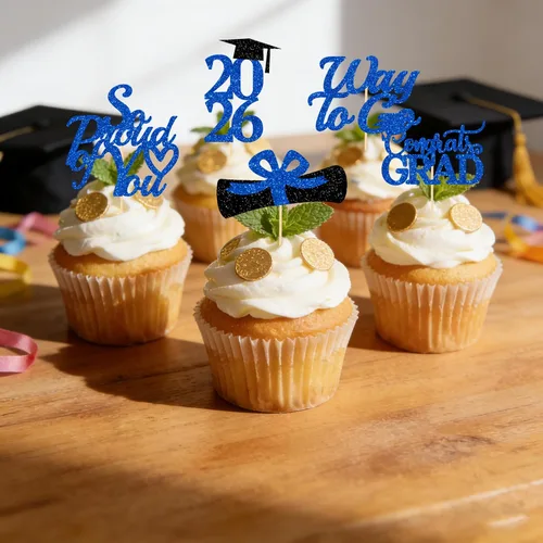 Vista 3 de Decoraciones de graduación 2026 azul, adornos para cupcakes de graduación 2026 azul y negro, suministros de decoración para cupcakes clase de 2026