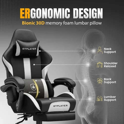 Vista 5 de GTPLAYER Silla de juegos con cojín de resorte de bolsillo, silla de oficina de cuero con respaldo alto ergonómico y soporte lumbar para aliviar