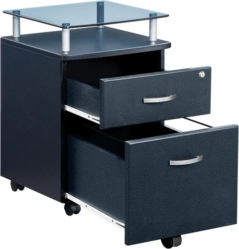 Vista 8 de Archivador rodante de 2 cajones con cerradura y parte superior de cristal, archivador debajo del escritorio con ruedas, soporte para impresora