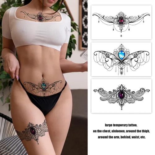 Vista 2 de Roarhowl Tatuajes de encaje, juego de tatuajes temporales sexy grande, tatuajes temporales para mujeres, vientre, espalda, cintura, muslo, arte