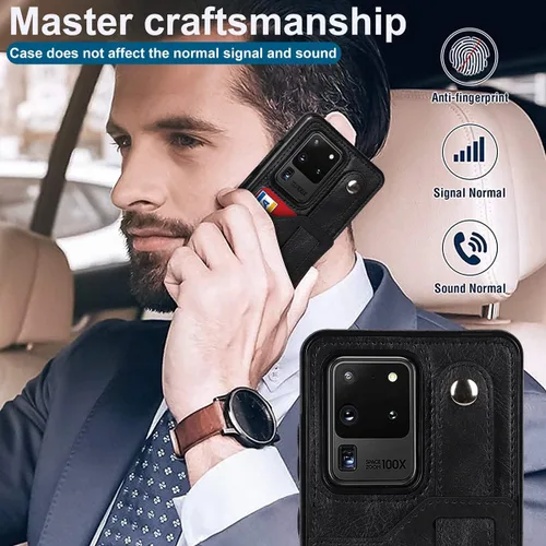 Vista 2 de Funda para teléfono Samsung Galaxy S20 Ultra 5G con protector de pantalla, correa de muñeca ajustable, atril, ranura para tarjetas de crédito