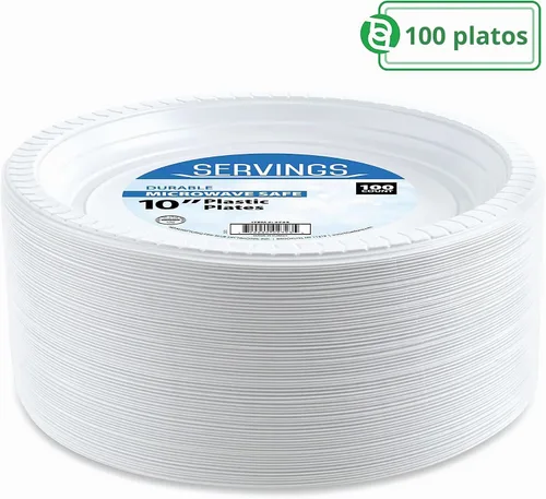 Vista 2 de Blue Sky Platos de plástico blanco de 10 pulgadas, 100 unidades, platos de plástico desechables, aptos para microondas, perfectos para fiestas