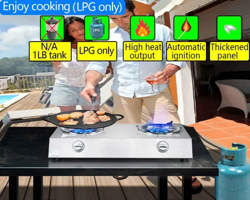Vista 3 de Horynar Estufa de propano de 2 quemadores, quemador de propano de encendido automático, estufa de gas de 26000 BTU con manguera CSA LPG