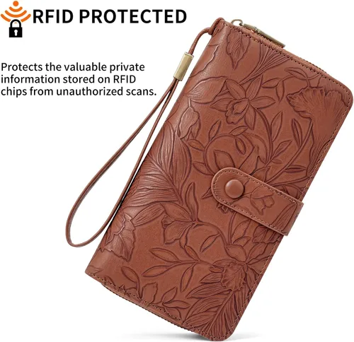 Vista 2 de SENDEFN Cartera de piel con cierre RFID para mujer, con cierre de cremallera, de gran capacidad, con correa para la muñeca, Marrón, Classic