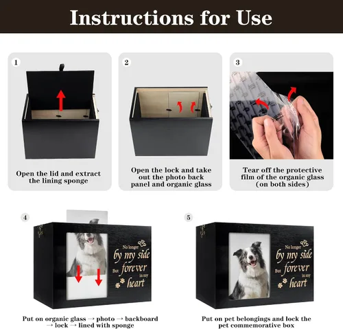 Vista 6 de Urnas para mascotas para perros o gatos cenizas con marco de fotos, caja de memoria de madera para recuerdos con franela negra como forro, regalos