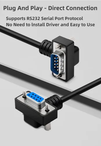 Vista 3 de DB9 macho a hembra RS232 Cable serial, doble ángulo recto 90 grados 9 pines COM extensión de puerto para PC, industrial, CNC y sistemas POS Niquelado
