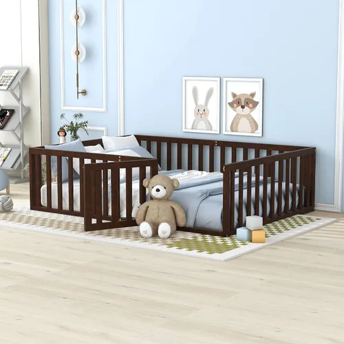 Vista 15 de Harper & Bright Designs Cama Montessori doble con valla y puertas, marco de cama de piso para espacios pequeños, sin rejas, gris